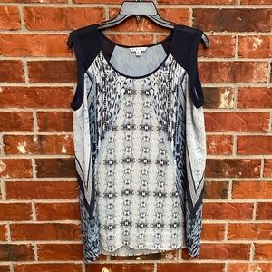 Cabi # 253 Womens Medium Blue Mixed Print Sleeveless Tunic Top